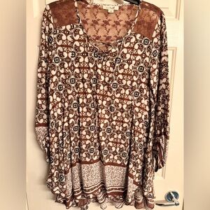 Simply Noelle Brown and Cream Patterned Blouse Sz S-M (8-10)